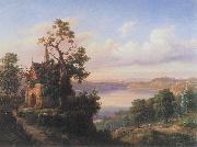 Landscape with a lake and a gothic church. unknow artist